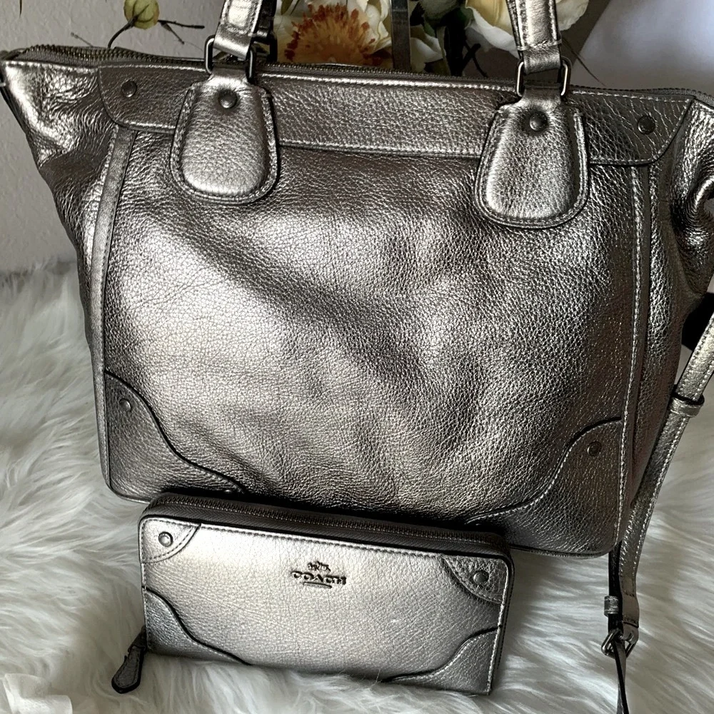 RARE Coach Mickie Silver Metallic Satchel and  Rare Matching Wallet